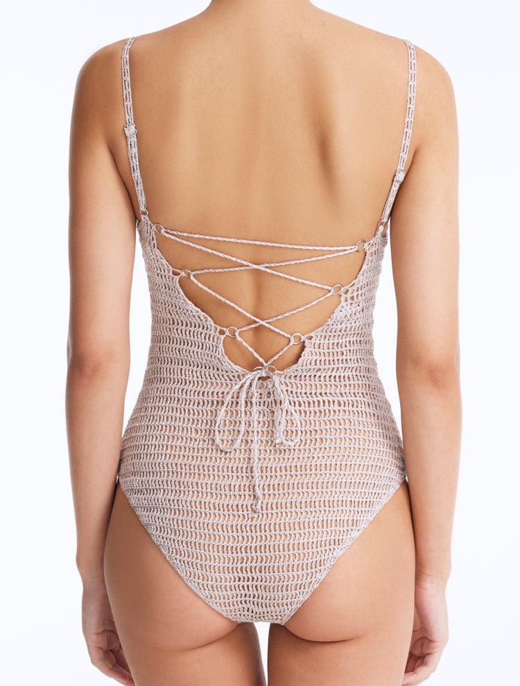 Back View: Rue Silver Swimsuit on Model - Lace-Up Back, Clear Glass Drop Details, Moderate Bottom Coverage, Adjustable Straps, Fully Lined, MOEVA Luxury Swimwear