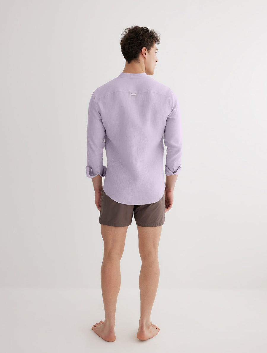 Back View: Model in Ryan Lilac Shirt - MOEVA Luxury Swimwear, Ready to Wear, Long Sleeved Shirts, Unlined, Slim Fit, Linen, MOEVA Luxury Swimwear 