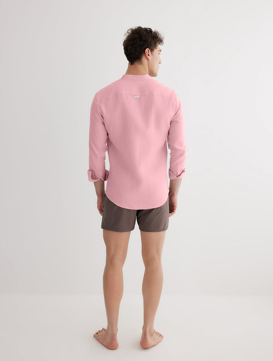 Back View: Model in Ryan Pink Shirt - MOEVA Luxury Swimwear, Ready to Wear, Long Sleeved Shirts, Unlined, Slim Fit, Linen, MOEVA Luxury Swimwear 