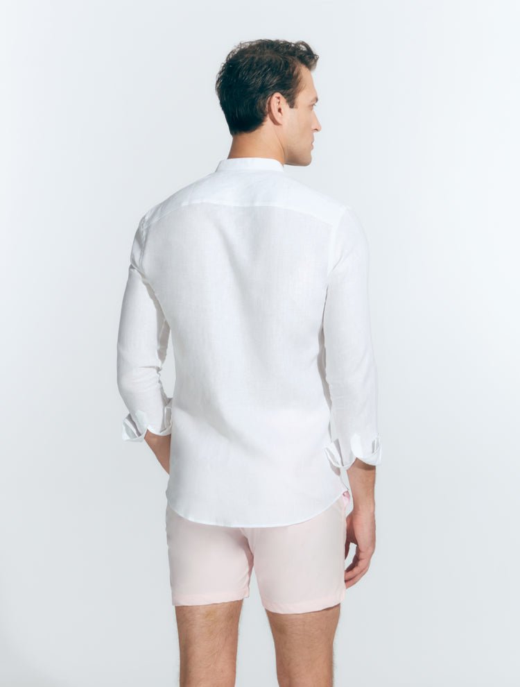 Back View: Model in Ryan White Shirt - MOEVA Luxury Swimwear, Ready to Wear, Long Sleeved Shirts, Unlined, Slim Fit, Linen, MOEVA Luxury Swimwear 