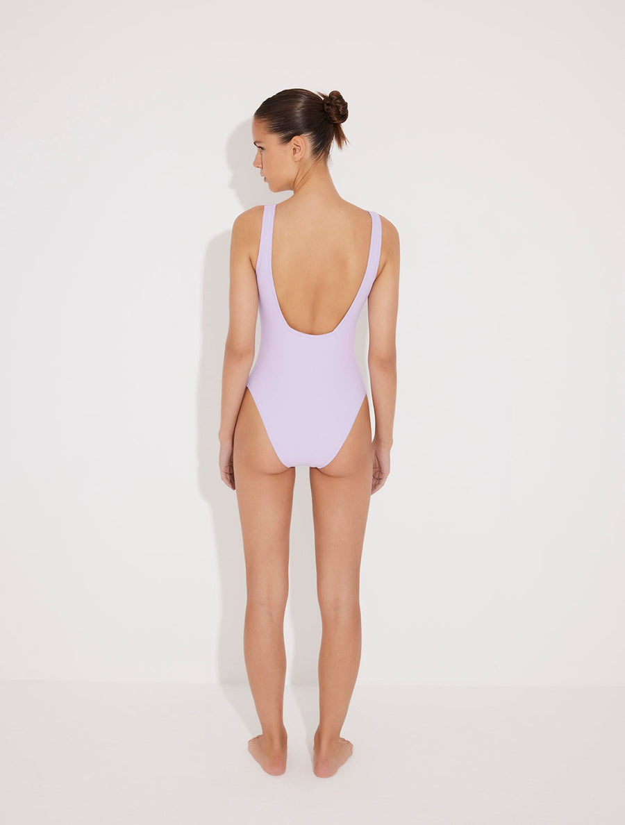 Back View: Sancia Lilac Swimsuit on Model - Italian Fabric, Lycra Xtralife Certified, MOEVA Luxury Swimwear
