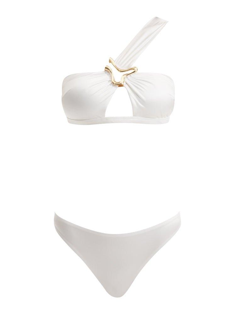 Sereia White One Shoulder Mid Coverage Satin Bikini Set | Moeva | Bikini Sets | Each week unveils new pieces—luxury swimwear, fluid resort silhouettes, and elevated summer-to-evening essentials designed to carry you from coastal escapes to city nights.