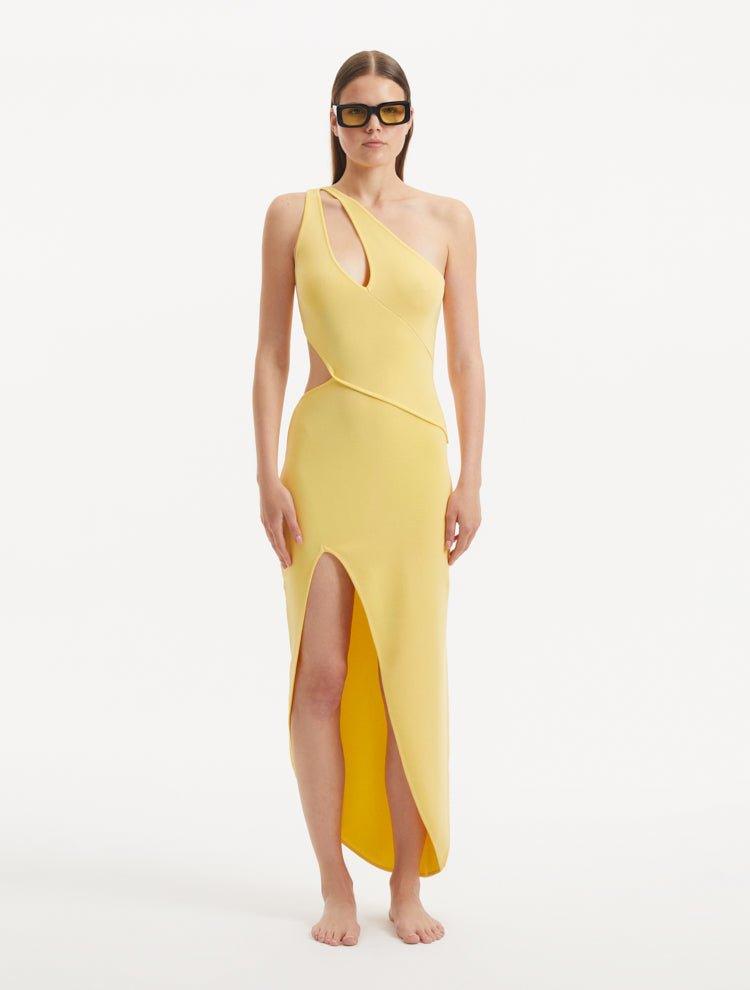 Elena Pani - Shore Yellow One-Shoulder Maxi Knitted Dress with Cut-Out Details | Moeva | RTW Dresses | Each week unveils new pieces—luxury swimwear, fluid resort silhouettes, and elevated summer-to-evening essentials designed to carry you from coastal escapes to city nights.