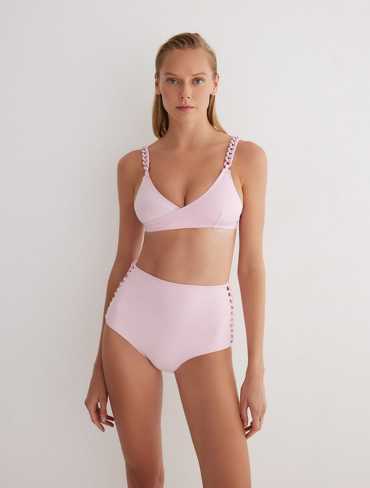 Front View: Model in Vilhelmina Pink Bikini Top - MOEVA Luxury Swimwear, Soft Touch Fabric, Fully Lined, V Neckline, ABS Chain Straps, Removable Paddings, MOEVA Luxury Swimwear