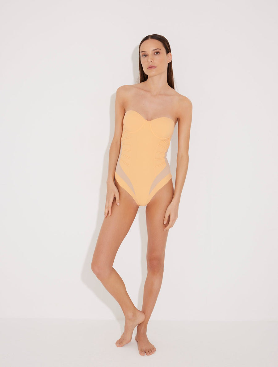 Front View: Model in Vivia Orange/Nude Swimsuit - MOEVA Luxury Swimwear, Removable Padding, Italian Fabric, Special Lycra Xtralife Certificate, Removable Adjustable Straps One Piece Swimsuit,  MOEVA Luxury Swimwear  