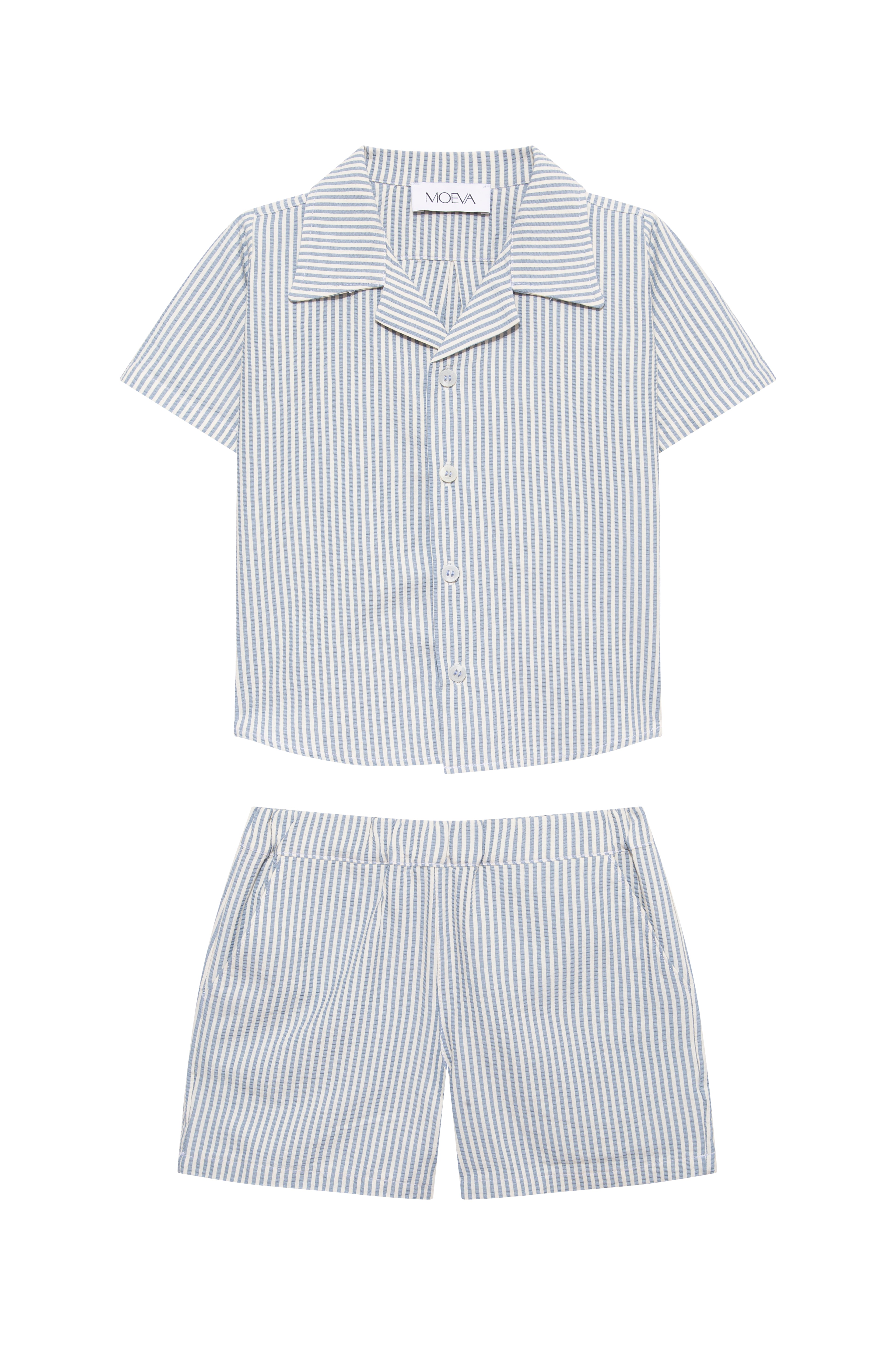 Damian Blue/White Striped Kids Shirt & Shorts Set | Moeva | Swim Set | Each week unveils new pieces—luxury swimwear, fluid resort silhouettes, and elevated summer-to-evening essentials designed to carry you from coastal escapes to city nights.
