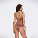 Talia V Neck with Gold Detail Satin Brown Swimsuit | Moeva | Swimsuit | Each week unveils new pieces—luxury swimwear, fluid resort silhouettes, and elevated summer-to-evening essentials designed to carry you from coastal escapes to city nights.