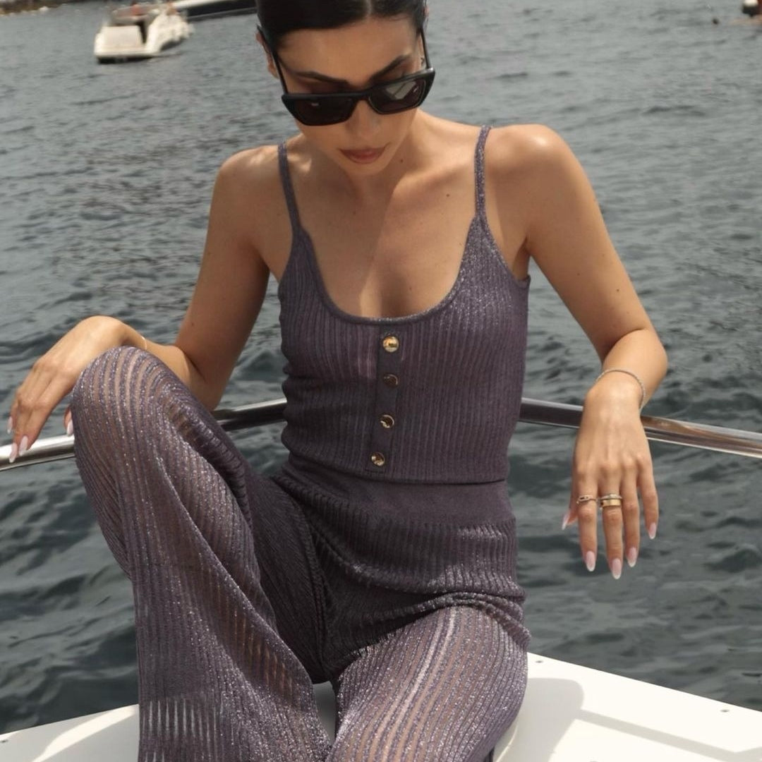 Valentina Marzullo - Hartley Scoop Neck Metallic Knitted Swimsuit & Luz Lilac Metallic Sheer Knit Pants | Moeva | Pants | Each week unveils new pieces—luxury swimwear, fluid resort silhouettes, and elevated summer-to-evening essentials designed to carry you from coastal escapes to city nights.