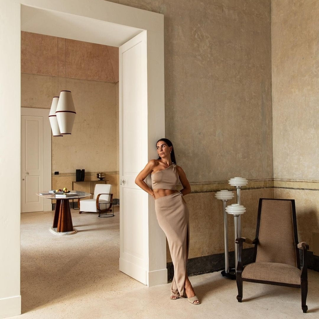 Julia Mateian - Eila Bronze One Shoulder Knitted Crop Top and Lyndon Bronze Knitted Skirt with Side Slit | Moeva | Set | Each week unveils new pieces—luxury swimwear, fluid resort silhouettes, and elevated summer-to-evening essentials designed to carry you from coastal escapes to city nights.