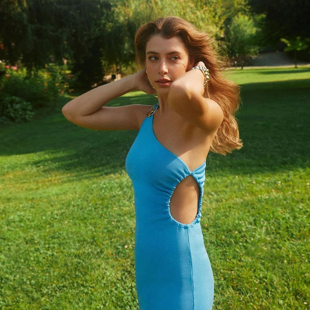 Gamze Erçel - Fewa Blue One-Shoulder Knitted Maxi Dress with Side Cut-Out Detail | Moeva | Dress | Each week unveils new pieces—luxury swimwear, fluid resort silhouettes, and elevated summer-to-evening essentials designed to carry you from coastal escapes to city nights.