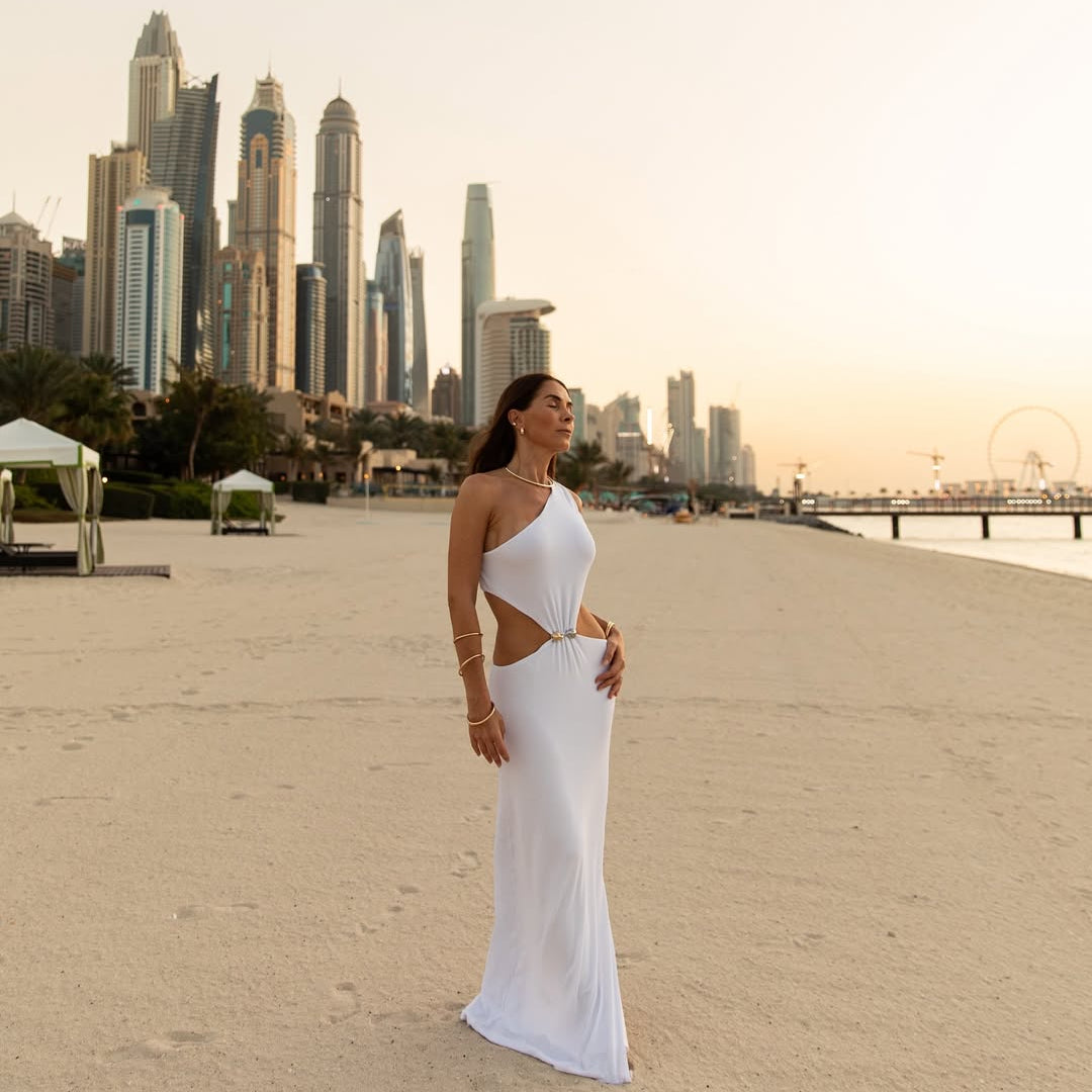 Julia Mateian - Violet White One-Shoulder Textured Maxi Dress with Cut-Out Detail | Moeva | Dress | Each week unveils new pieces—luxury swimwear, fluid resort silhouettes, and elevated summer-to-evening essentials designed to carry you from coastal escapes to city nights.