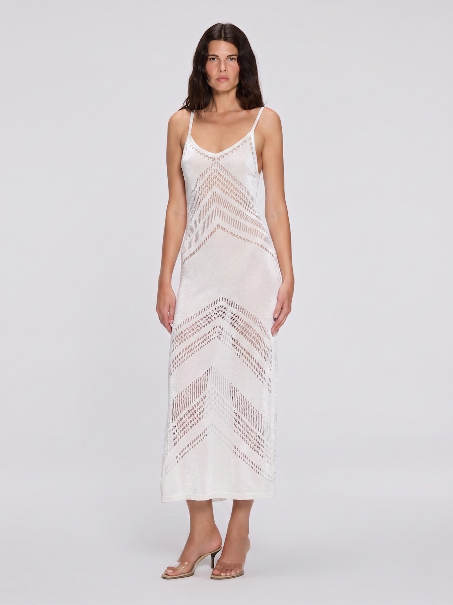 Beaulieu V Neck White Metallic Knit Maxi Dress | Moeva | Dress | Each week unveils new pieces—luxury swimwear, fluid resort silhouettes, and elevated summer-to-evening essentials designed to carry you from coastal escapes to city nights.