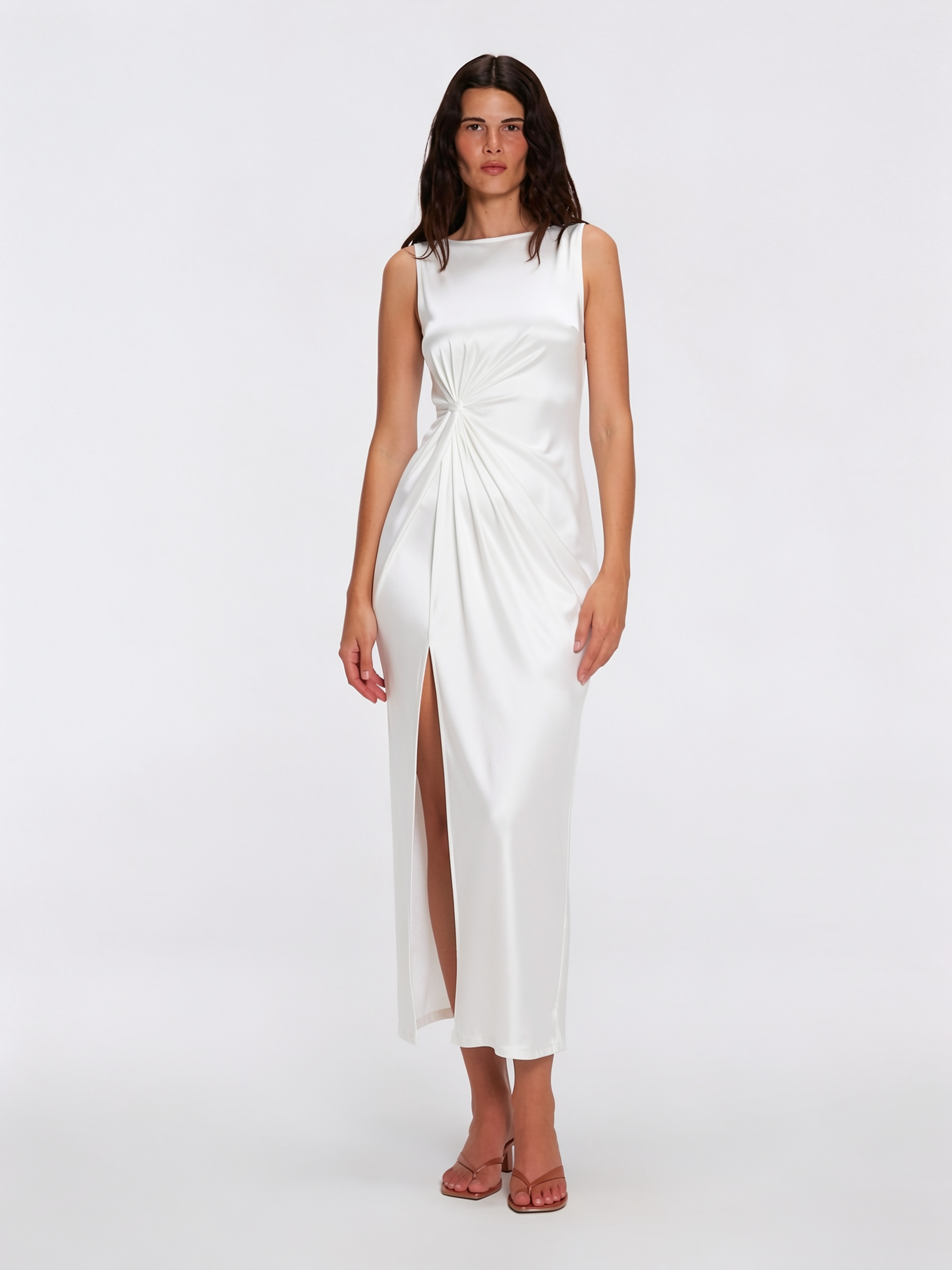 Apollo White Satin Sleeveless Long Dress with Side Slit | Moeva | Dress | Each week unveils new pieces—luxury swimwear, fluid resort silhouettes, and elevated summer-to-evening essentials designed to carry you from coastal escapes to city nights.