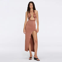 Serres Satin Brown Halter Maxi Dress with Cut-Out and Gold Detail | Moeva | Dress | Each week unveils new pieces—luxury swimwear, fluid resort silhouettes, and elevated summer-to-evening essentials designed to carry you from coastal escapes to city nights.