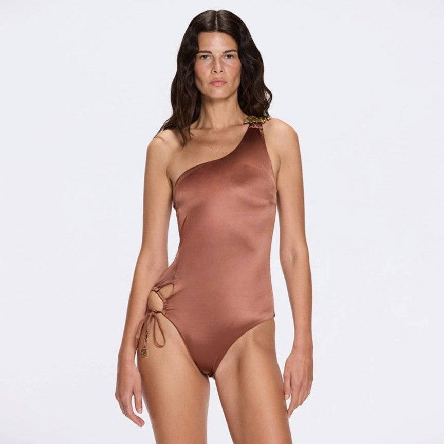 Esterelle One Shoulder Gold Detailed Satin Brown Swimsuit | Moeva | Swimsuit | Each week unveils new pieces—luxury swimwear, fluid resort silhouettes, and elevated summer-to-evening essentials designed to carry you from coastal escapes to city nights.