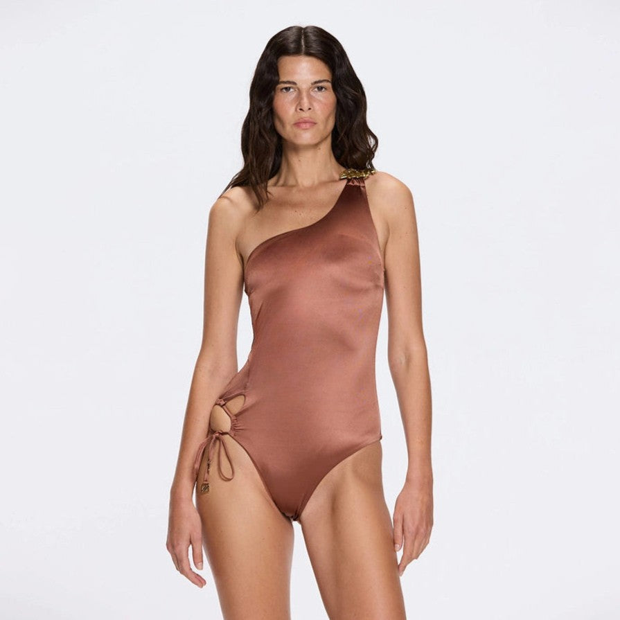 Esterelle One Shoulder Gold Detailed Satin Brown Swimsuit | Moeva | Swimsuit | Each week unveils new pieces—luxury swimwear, fluid resort silhouettes, and elevated summer-to-evening essentials designed to carry you from coastal escapes to city nights.