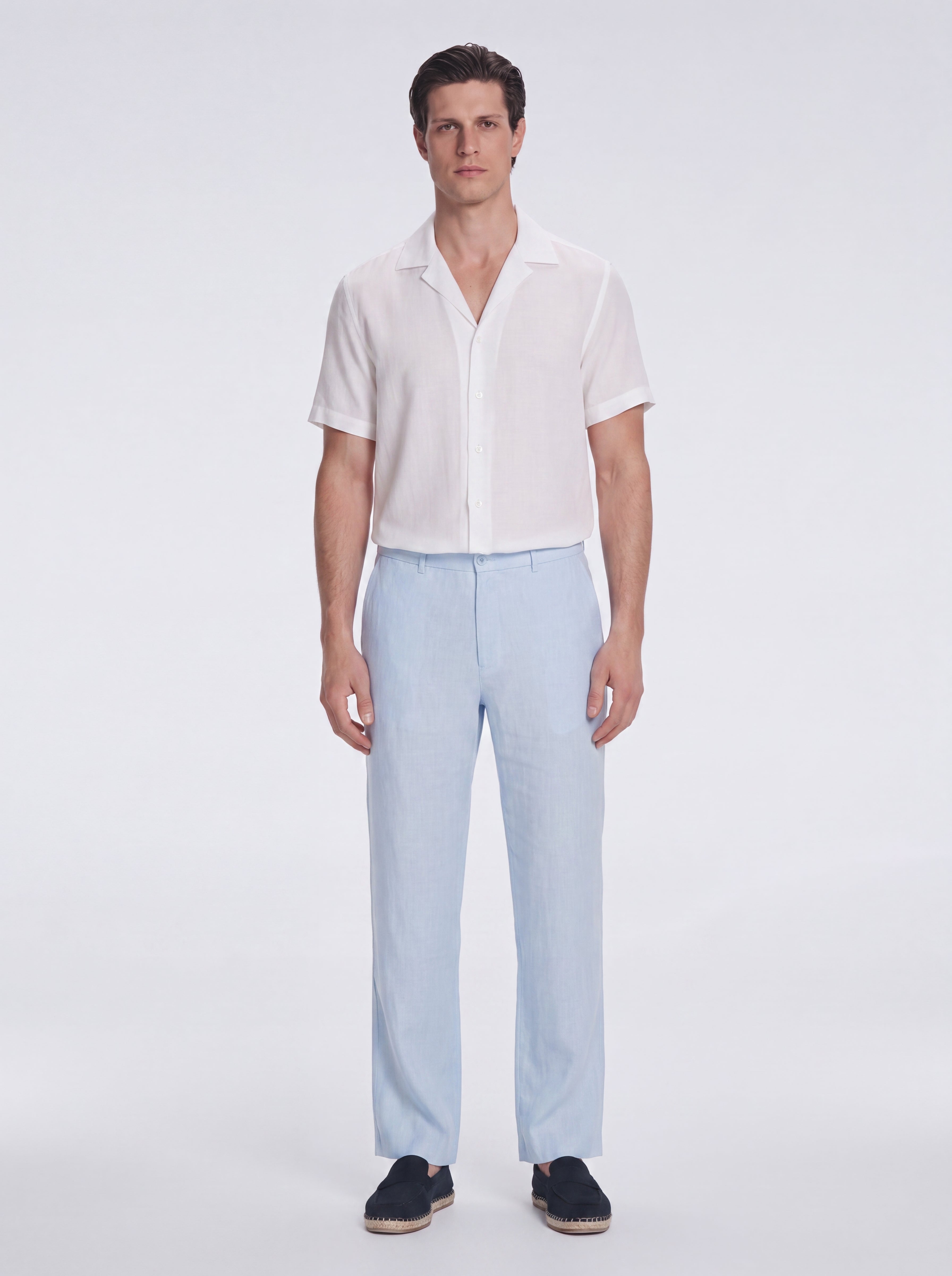 Adrian Baby Blue Linen Straight-Leg Pants | Moeva | Pants | Each week unveils new pieces—luxury swimwear, fluid resort silhouettes, and elevated summer-to-evening essentials designed to carry you from coastal escapes to city nights.