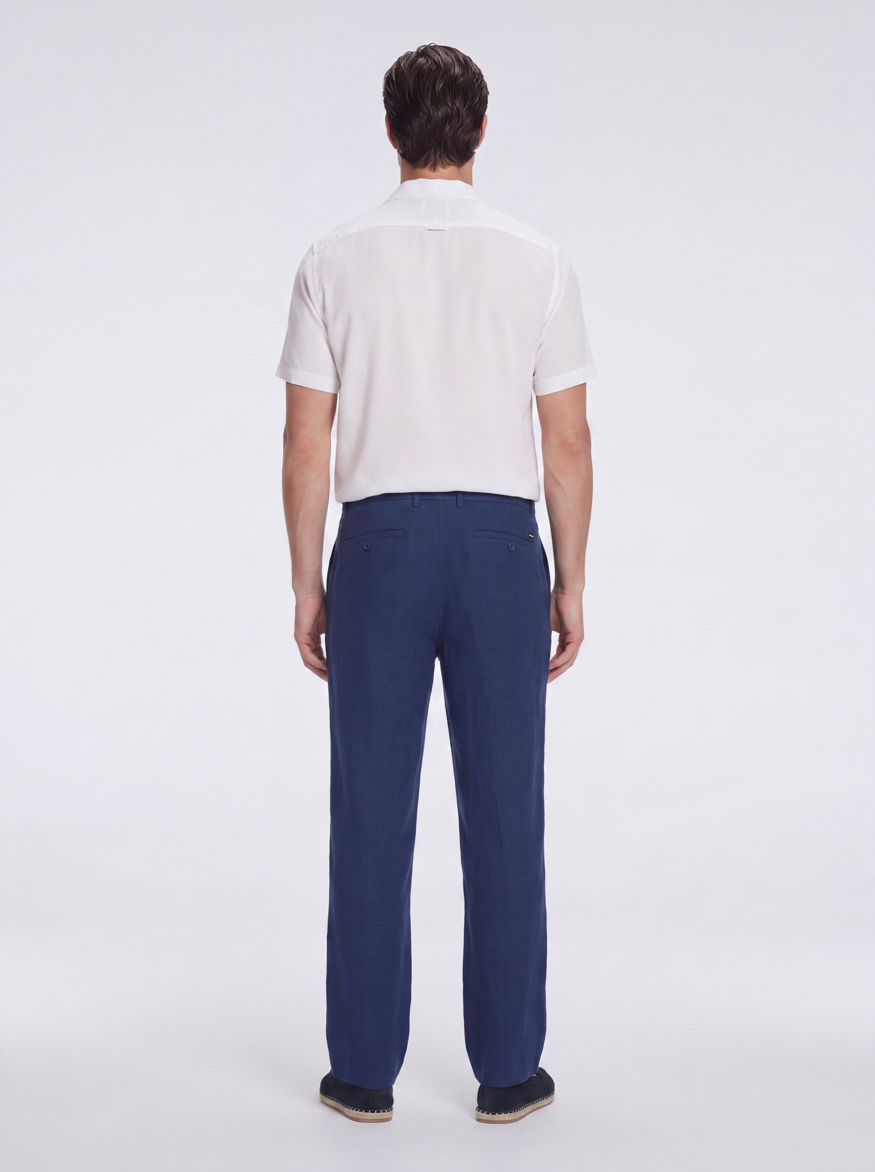 Adrian Dark Blue Linen Straight-Leg Pants | Moeva | Pants | Each week unveils new pieces—luxury swimwear, fluid resort silhouettes, and elevated summer-to-evening essentials designed to carry you from coastal escapes to city nights.