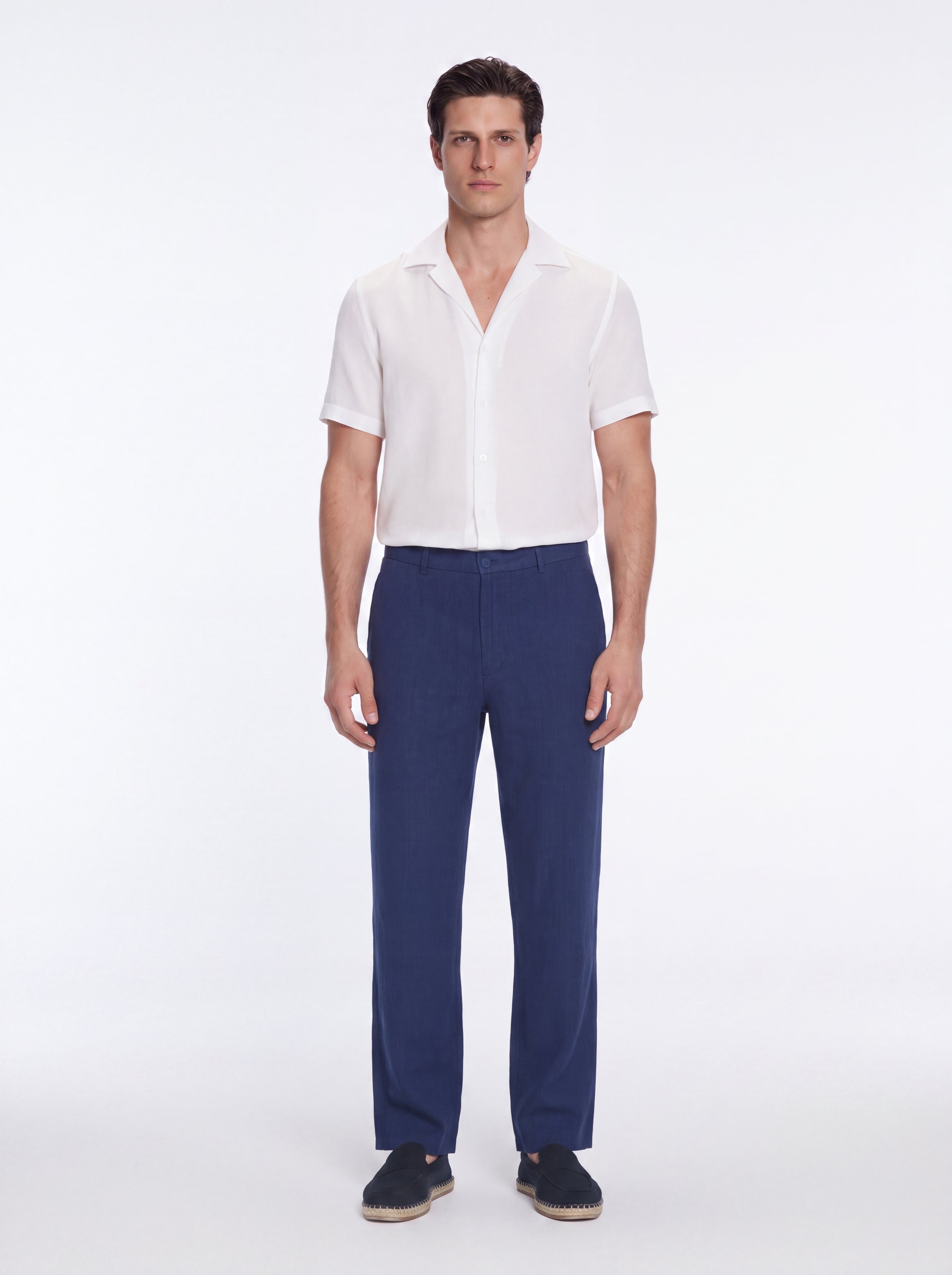 Adrian Dark Blue Linen Straight-Leg Pants | Moeva | Pants | Each week unveils new pieces—luxury swimwear, fluid resort silhouettes, and elevated summer-to-evening essentials designed to carry you from coastal escapes to city nights.