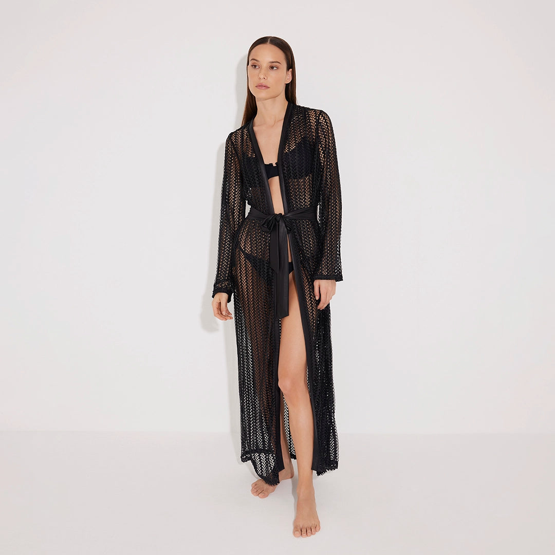 Aitana Black Open-Knit Belted Long Kaftan | Moeva | Kaftans | Each week unveils new pieces—luxury swimwear, fluid resort silhouettes, and elevated summer-to-evening essentials designed to carry you from coastal escapes to city nights.