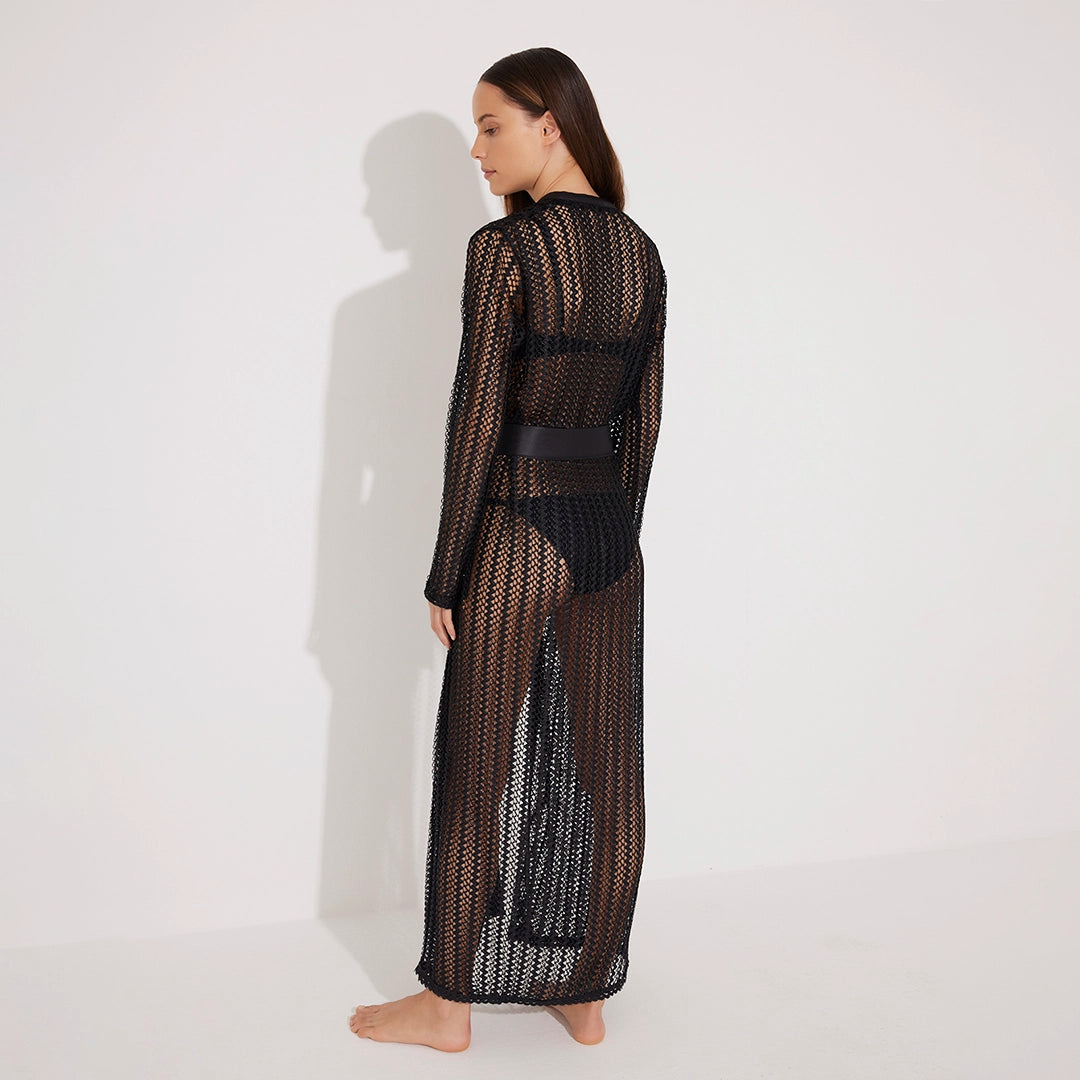 Aitana Black Open-Knit Belted Long Kaftan | Moeva | Kaftans | Each week unveils new pieces—luxury swimwear, fluid resort silhouettes, and elevated summer-to-evening essentials designed to carry you from coastal escapes to city nights.