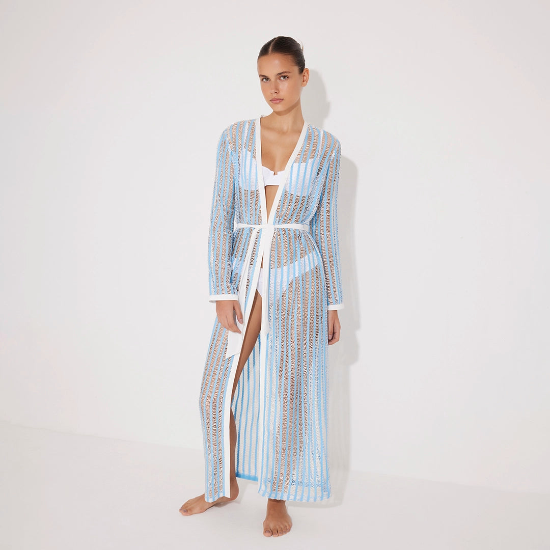 Aitana Blue/White Open-Knit Belted Long Kaftan | Moeva | Kaftans | Each week unveils new pieces—luxury swimwear, fluid resort silhouettes, and elevated summer-to-evening essentials designed to carry you from coastal escapes to city nights.