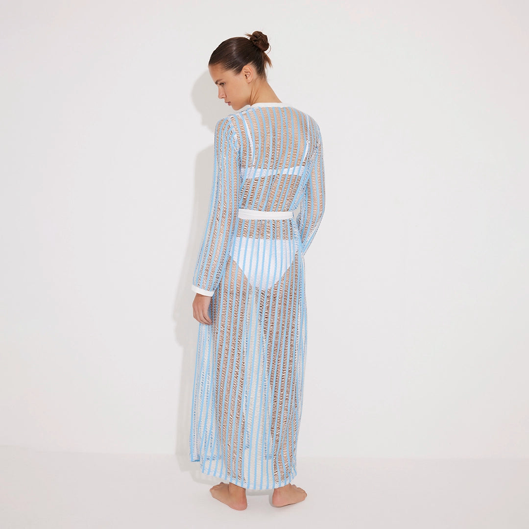 Aitana Blue/White Open-Knit Belted Long Kaftan | Moeva | Kaftans | Each week unveils new pieces—luxury swimwear, fluid resort silhouettes, and elevated summer-to-evening essentials designed to carry you from coastal escapes to city nights.