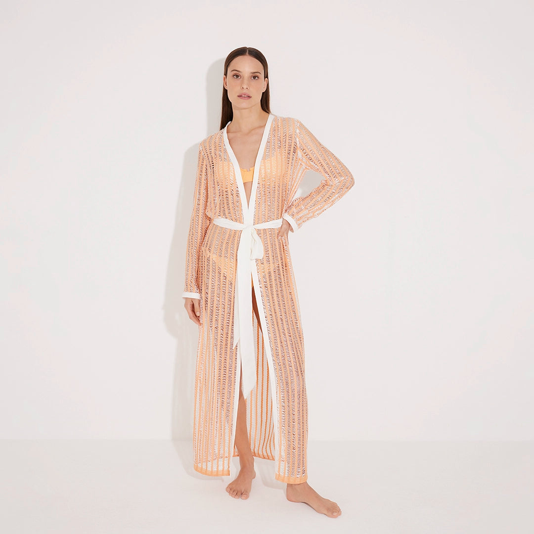 Aitana Orange/White Open-Knit Belted Long Kaftan | Moeva | Kaftans | Each week unveils new pieces—luxury swimwear, fluid resort silhouettes, and elevated summer-to-evening essentials designed to carry you from coastal escapes to city nights.