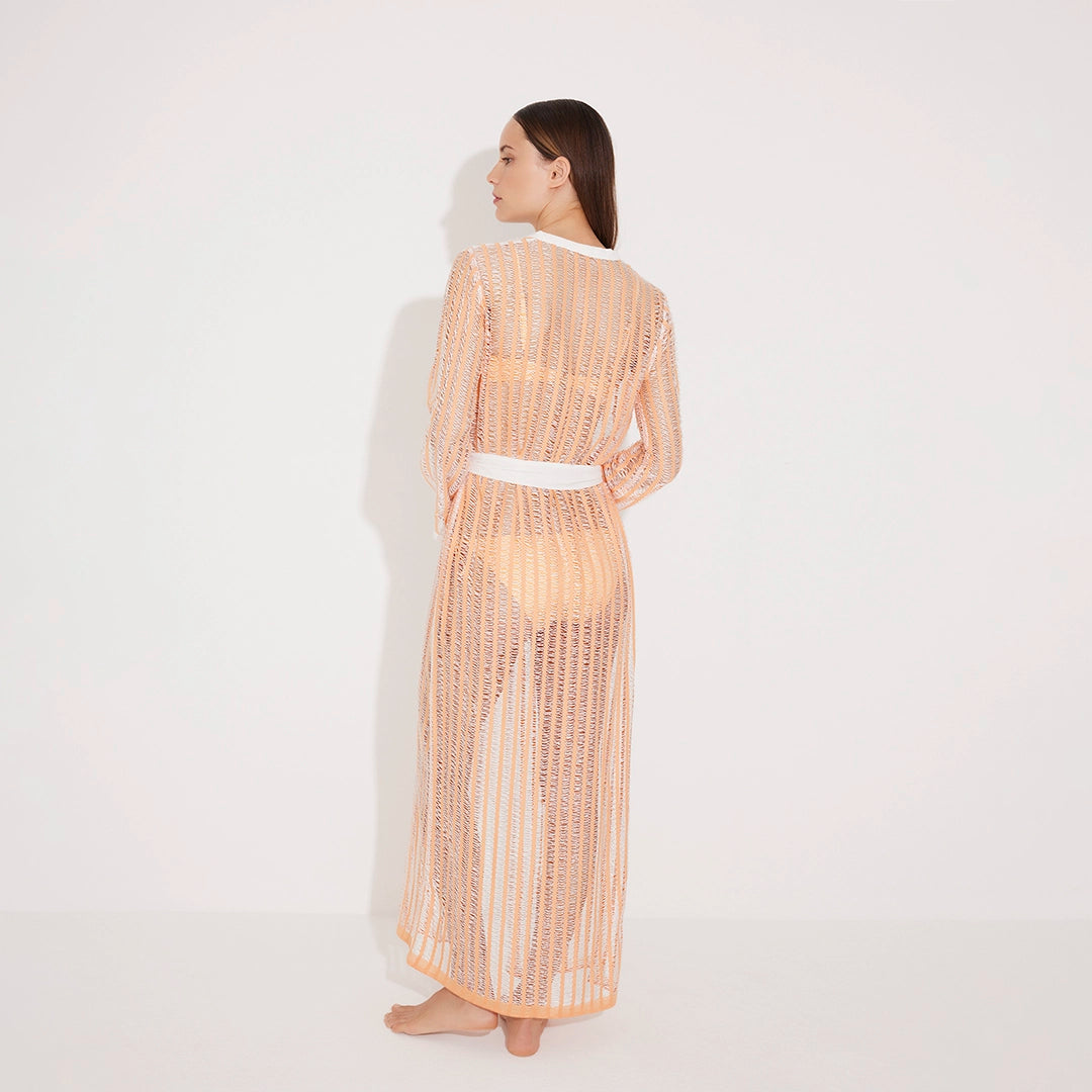 Aitana Orange/White Open-Knit Belted Long Kaftan | Moeva | Kaftans | Each week unveils new pieces—luxury swimwear, fluid resort silhouettes, and elevated summer-to-evening essentials designed to carry you from coastal escapes to city nights.