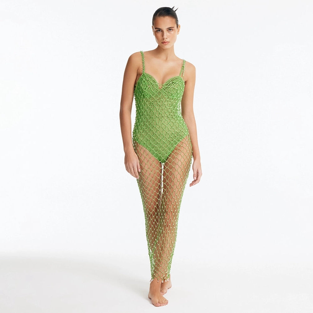 Aliana Green Macrame Net Maxi Dress with Glass Bead Details | Moeva | Dress | Each week unveils new pieces—luxury swimwear, fluid resort silhouettes, and elevated summer-to-evening essentials designed to carry you from coastal escapes to city nights.
