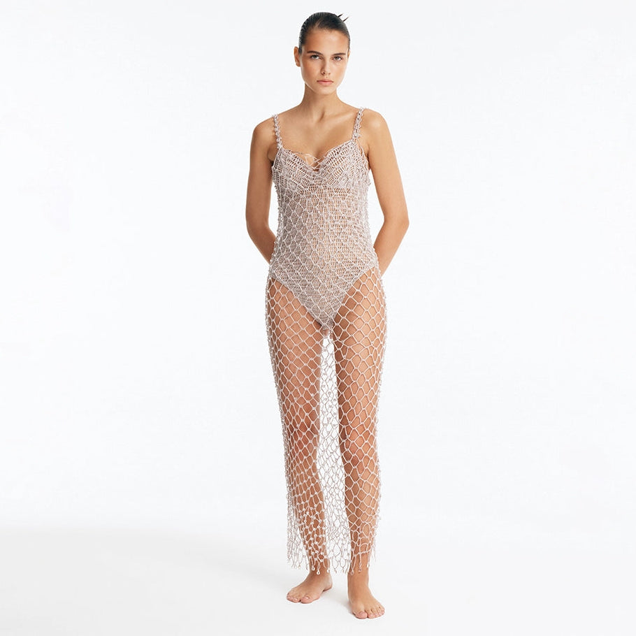 Aliana Silver Macrame Net Maxi Dress with Glass Bead Details | Moeva | Dress | Each week unveils new pieces—luxury swimwear, fluid resort silhouettes, and elevated summer-to-evening essentials designed to carry you from coastal escapes to city nights.
