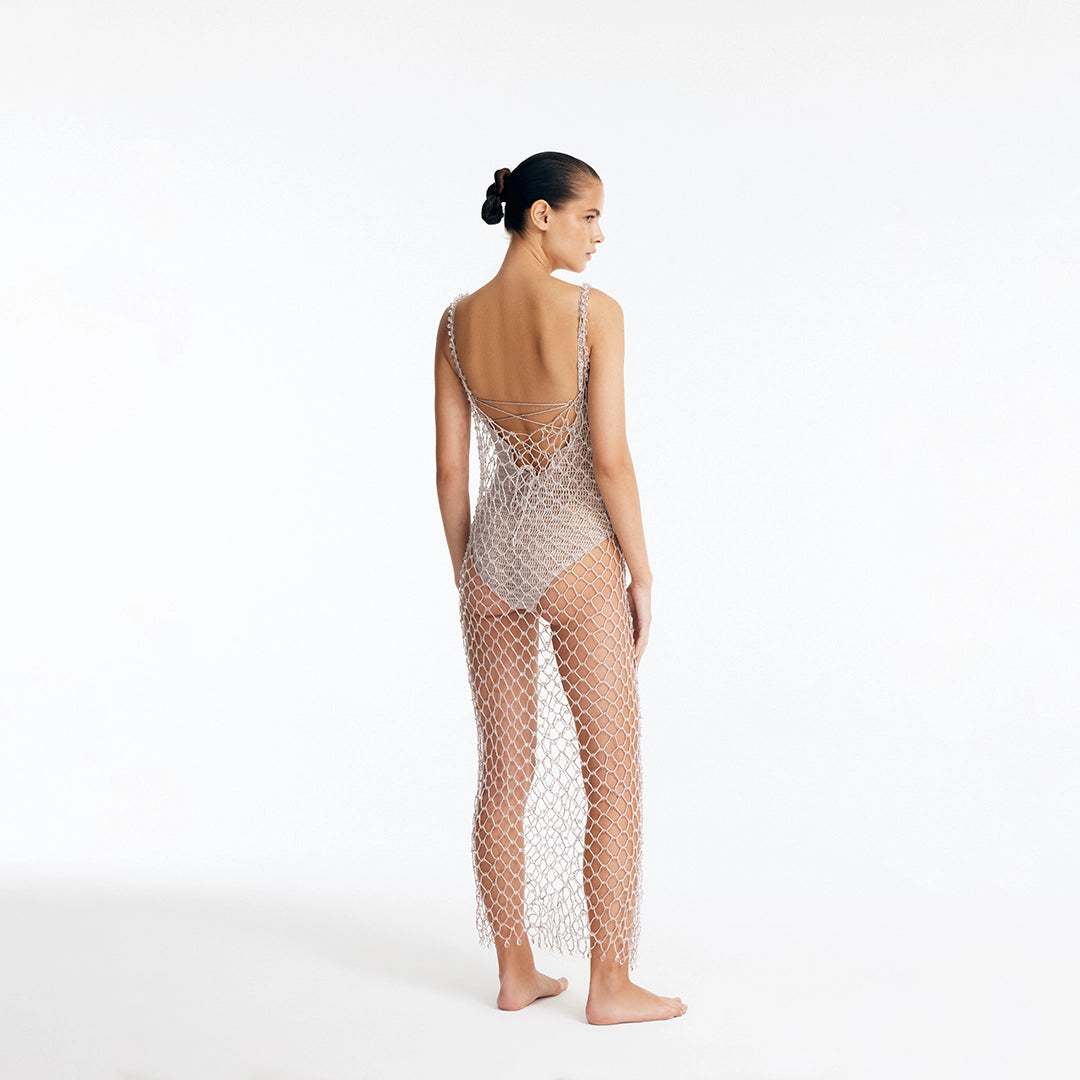 Aliana Silver Macrame Net Maxi Dress with Glass Bead Details | Moeva | Dress | Each week unveils new pieces—luxury swimwear, fluid resort silhouettes, and elevated summer-to-evening essentials designed to carry you from coastal escapes to city nights.