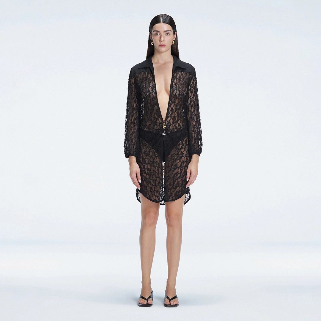 Althea Black Long Sleeve Lace Mini Kaftan | Moeva | Beachwear Dresses | Each week unveils new pieces—luxury swimwear, fluid resort silhouettes, and elevated summer-to-evening essentials designed to carry you from coastal escapes to city nights.