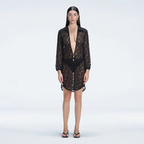 Althea Black Long Sleeve Lace Mini Kaftan | Moeva | Beachwear Dresses | Each week unveils new pieces—luxury swimwear, fluid resort silhouettes, and elevated summer-to-evening essentials designed to carry you from coastal escapes to city nights.