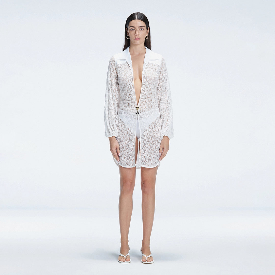 Althea White Long Sleeve Lace Mini Kaftan | Moeva | Beachwear Dresses | Each week unveils new pieces—luxury swimwear, fluid resort silhouettes, and elevated summer-to-evening essentials designed to carry you from coastal escapes to city nights.