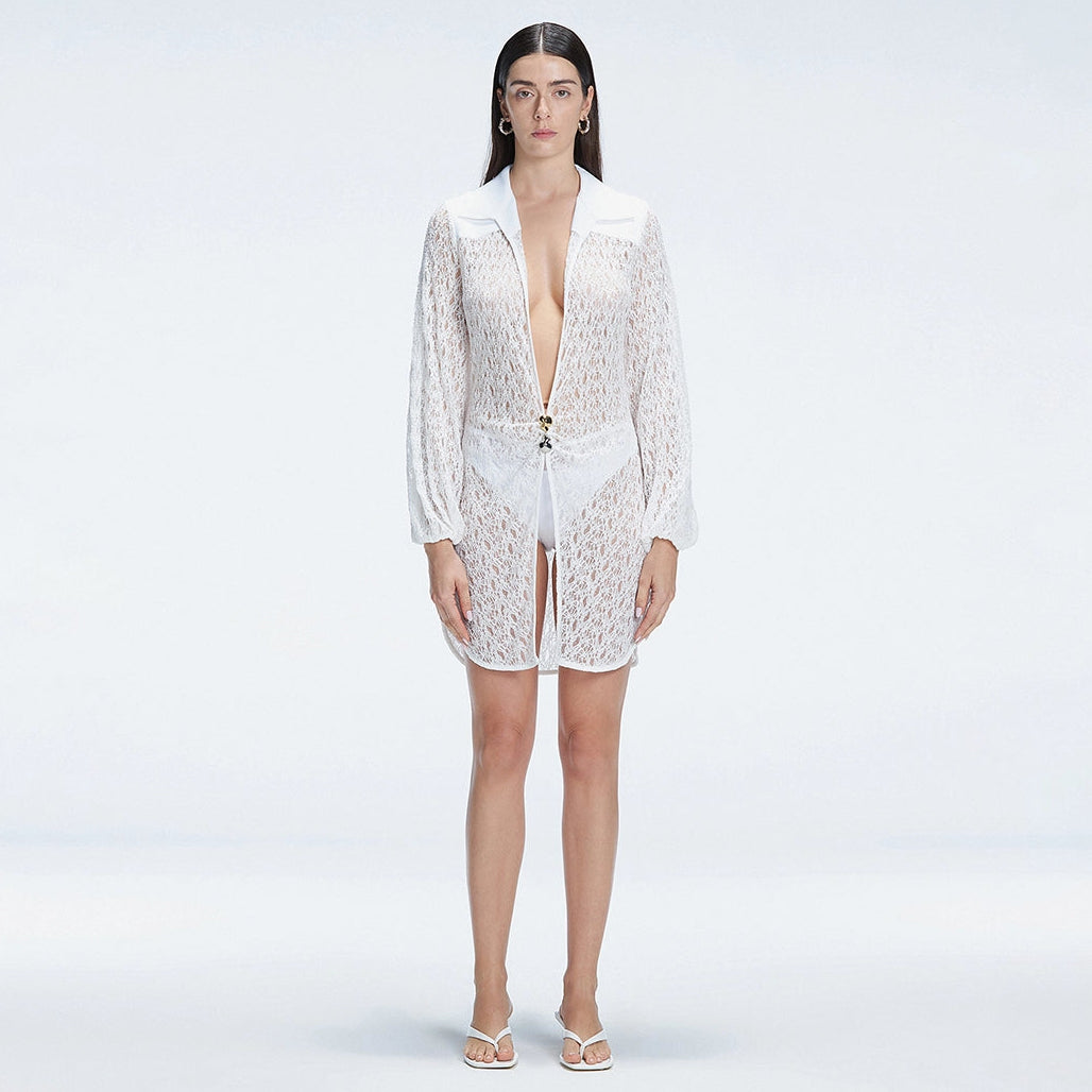 Althea White Long Sleeve Lace Mini Kaftan | Moeva | Kaftan | Each week unveils new pieces—luxury swimwear, fluid resort silhouettes, and elevated summer-to-evening essentials designed to carry you from coastal escapes to city nights.