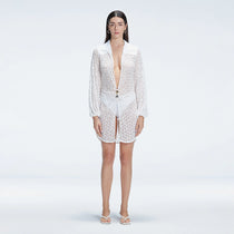 Althea White Long Sleeve Lace Mini Kaftan | Moeva | Beachwear Dresses | Each week unveils new pieces—luxury swimwear, fluid resort silhouettes, and elevated summer-to-evening essentials designed to carry you from coastal escapes to city nights.