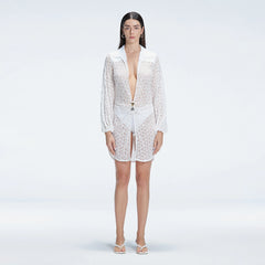 Althea White Long Sleeve Lace Mini Kaftan | Moeva | Beachwear Dresses | Each week unveils new pieces—luxury swimwear, fluid resort silhouettes, and elevated summer-to-evening essentials designed to carry you from coastal escapes to city nights.
