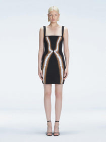 Model showcasing the Anais Black Degraded Dress, highlighting its stylish square neck and adjustable straps.