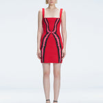 Model showcasing the Anais Red Degraded Dress, highlighting its stylish square neck and adjustable straps