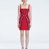 Model showcasing the Anais Red Degraded Dress, highlighting its stylish square neck and adjustable straps