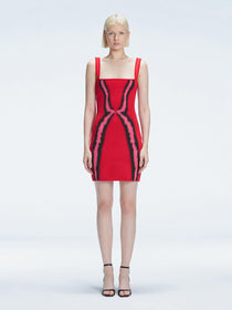 Model showcasing the Anais Red Degraded Dress, highlighting its stylish square neck and adjustable straps