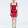 Model showcasing the Anais Red Degraded Dress, highlighting its stylish square neck and adjustable straps