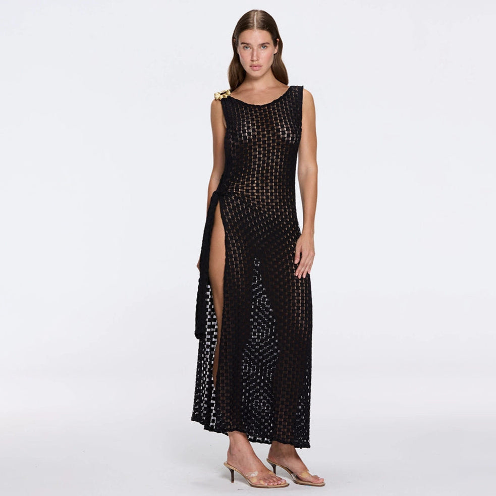 Angles Black High-Neck Maxi Dress with Tie-Side and Gold Detail | Moeva | Dress | Each week unveils new pieces—luxury swimwear, fluid resort silhouettes, and elevated summer-to-evening essentials designed to carry you from coastal escapes to city nights.