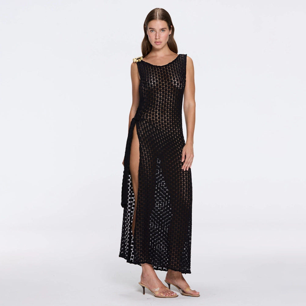 Angles Black High-Neck Maxi Dress with Tie-Side and Gold Detail | Moeva | Beachwear Dresses | Each week unveils new pieces—luxury swimwear, fluid resort silhouettes, and elevated summer-to-evening essentials designed to carry you from coastal escapes to city nights.