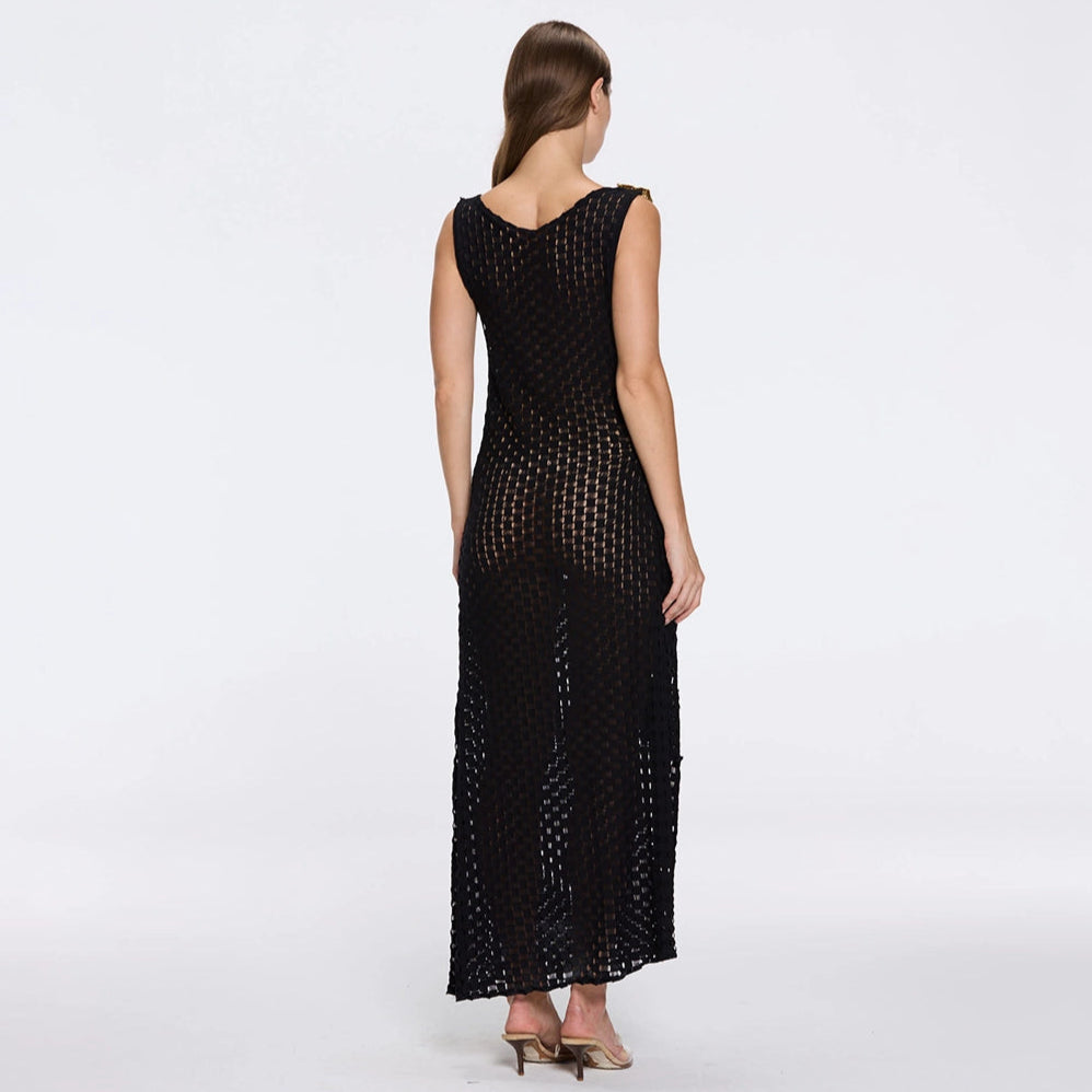Angles Black High-Neck Maxi Dress with Tie-Side and Gold Detail | Moeva | Beachwear Dresses | Each week unveils new pieces—luxury swimwear, fluid resort silhouettes, and elevated summer-to-evening essentials designed to carry you from coastal escapes to city nights.