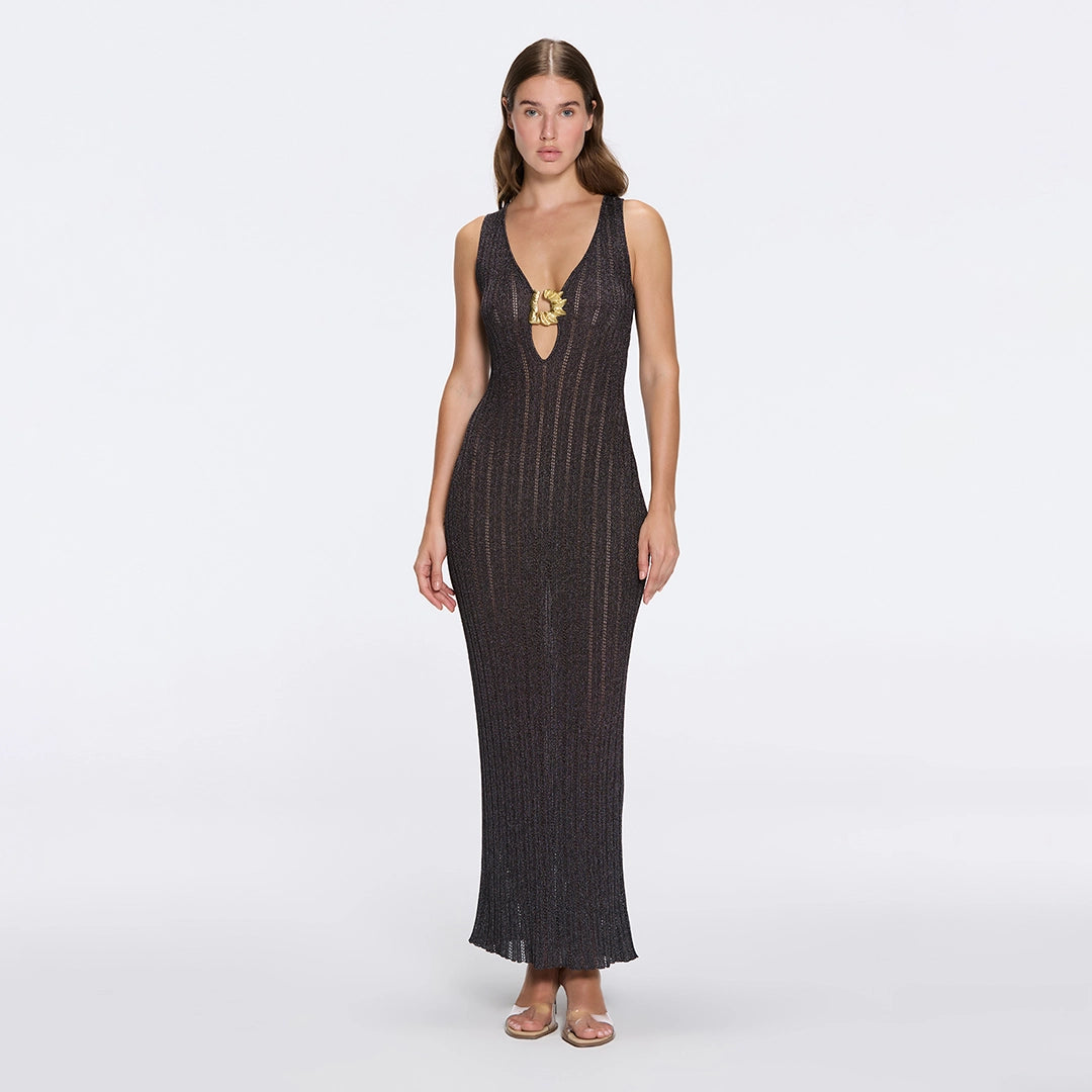 Antibes Black Metallic Knit Deep V-Neck Maxi Dress with Gold Detail | Moeva | Dress | Each week unveils new pieces—luxury swimwear, fluid resort silhouettes, and elevated summer-to-evening essentials designed to carry you from coastal escapes to city nights.