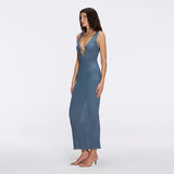 Antibes Blue Metallic Knit Deep V-Neck Maxi Dress with Gold Detail | Moeva | Dress | Each week unveils new pieces—luxury swimwear, fluid resort silhouettes, and elevated summer-to-evening essentials designed to carry you from coastal escapes to city nights.