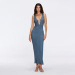 Antibes Blue Metallic Knit Deep V-Neck Maxi Dress with Gold Detail | Moeva | Dress | Each week unveils new pieces—luxury swimwear, fluid resort silhouettes, and elevated summer-to-evening essentials designed to carry you from coastal escapes to city nights.