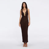 Antibes Brown Metallic Knit Deep V-Neck Maxi Dress with Gold Detail | Moeva | Dress | Each week unveils new pieces—luxury swimwear, fluid resort silhouettes, and elevated summer-to-evening essentials designed to carry you from coastal escapes to city nights.